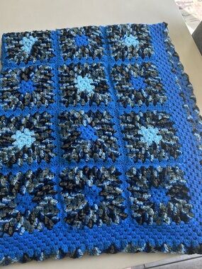 Handmade Crochet Afghan Throw in Blue and Brown Shades.  52.5”X44”